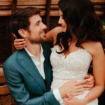 Groom wearing a 3pcs Dalbiondo wedding suit with his bride